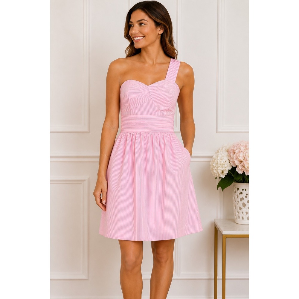 Lillyโ Pulitzer Addison One Shoulder Pink White Stripe Dress Large NWOT Lined